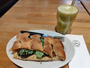Focaccia Hummus Antipasto & Matcha Almond at Caffe Spettacolo in Olten