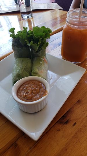 Lettuce spring rolls with peanut sauce and a coconut milk Thai iced tea at Sunee Thai & Lao Kitchen in Portland
