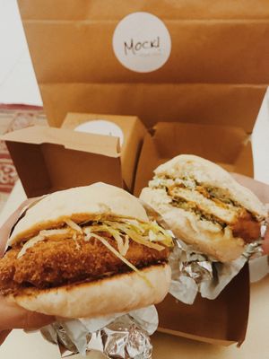 Unchicken burger and unfish burger at Mock in Kuwait City