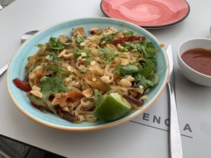 Vegan pad Thai - and extra hot sauce for me! at Meraki in Oviedo