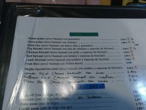 Some vegan dishes in the menu at Megha Halal Cuisine in Madrid