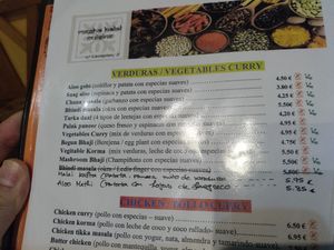Some vegan dishes in the menu at Megha Halal Cuisine in Madrid