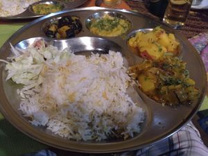 Colourful vegan thali at Megha Halal Cuisine in Madrid