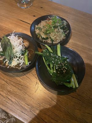 Wok blasted asian mushrooms, chilli, tofu, cashews, Fried rice, snake beans, cucumber, chilli and steamed greens beans  at Akiba in Canberra