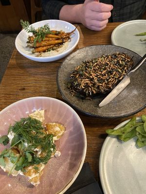 Miso eggplant, Wood fire roast carrots, Roast potatoes (all vegan-option)  at Akiba in Canberra