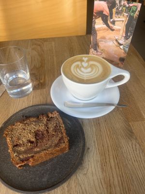 Vegan latte and vegan banana bread   at Fringe in Paris