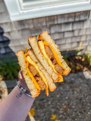 Fakin egg & cheese on sourdough with tempeh bacon at Rory's Market in Mashpee
