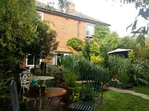 Lovely sprawling tea garden at rear at The Sondes Tea House & General Stores in Faversham