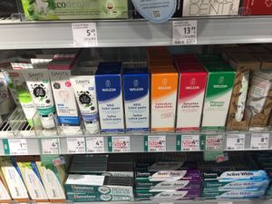 Vegan toothpaste shelf  at DM Drogerie Markt in Poprad