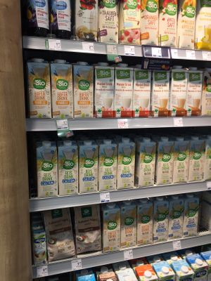Vegan milks shelf at DM Drogerie Markt in Poprad