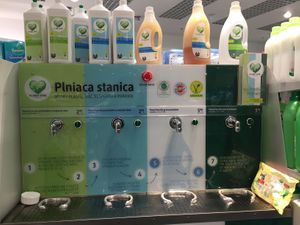 In this stand you can refill your bottle of vegan detergent at DM Drogerie Markt in Poprad