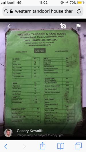 Menu 1 at Western Tandoori in Kathmandu