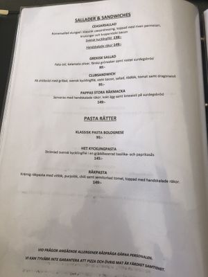 Menu as of May 2019 at Pappa Blå in Borgholm