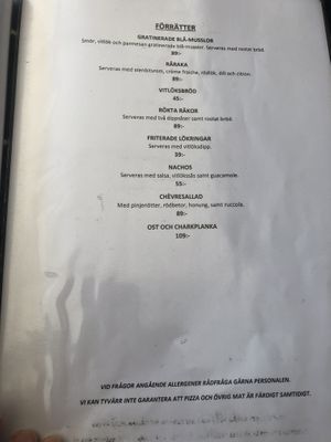 Menu as of May 2019 at Pappa Blå in Borgholm