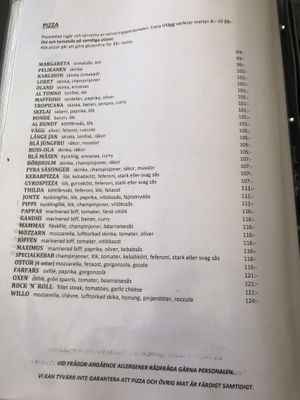 Menu as of May 2019 at Pappa Blå in Borgholm
