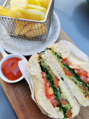Vegan bagel and fries. at Bagel Lounge  in Karlovy Vary