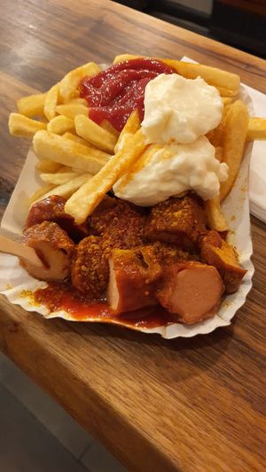 Currywurst with fries and vegan mayonnaise at Curry 61 in Berlin