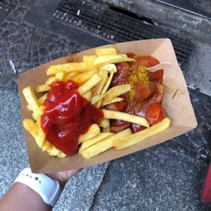 Vegan currywurst with fries & ketchup  at Curry 61 in Berlin