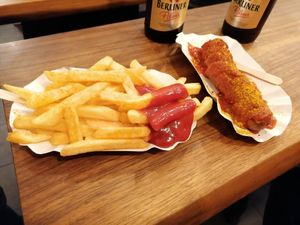 Vegan Currywurst and chips at Curry 61 in Berlin