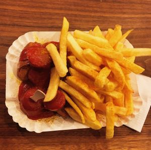 Vegan currywurst with chips  at Curry 61 in Berlin