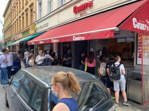u have to wait in the line a bit but the stuff is fast and friendly  at Curry 61 in Berlin
