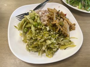 Fried mustard greens with eggs, bean curd with green curry #Veganuary at Shine Tong - Vegetarian Food Booth in Bangkok