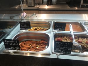 Fries, kumara fries, beans, vegan lasagne at Artichoka in Belgrade