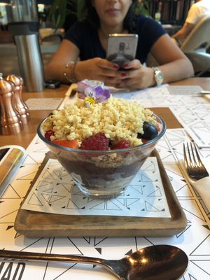 Almond butter acai bowl 😋 at Nomad Urban Eatery in Seef