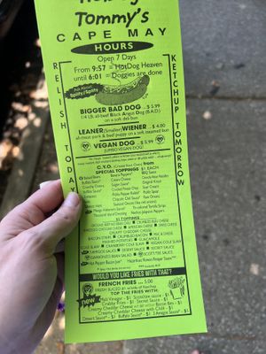 The menu’s front page; most of the toppings are also vegan.  at Hot Dog Tommy's in Cape May