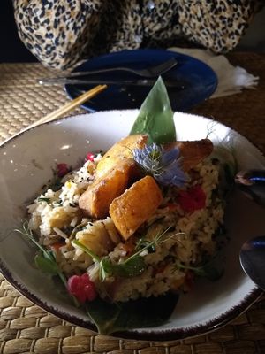 Rice with plantain at Roots Experience in Lisbon