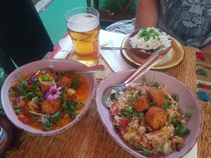 Moqueca and Jackfruit Rice both with plantain at Roots Experience in Lisbon