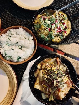 tofu satay, mango curry and fried rice  at Roots Experience in Lisbon