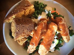 Soul bowl w/ crispy bbq chickUn & cornbread ! at Native Foods in West Los Angeles
