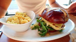 The crazy good chicken sandwich with mc&cheese side at Native Foods in West Los Angeles