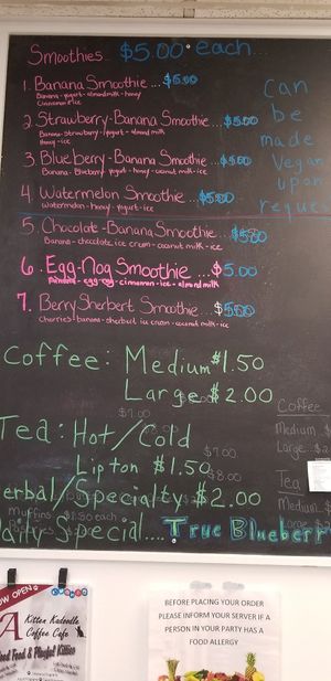 Updated menu pic! They are working to add more vegan options! They now carry vegan yogurt to sub in smoothies and sometimes vegan egg nog! at A Kitten Kadoodle in Selden