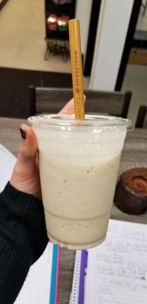 Got my VEGAN egg nog smoothie!! Very tasty and festive! at A Kitten Kadoodle in Selden