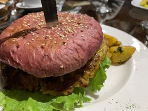  Amazing vegan burger with potatoes! at Morphos in Monteverde