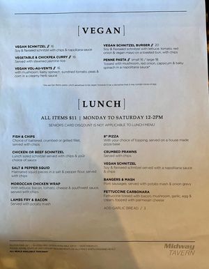 The Midway Tavern Vegan Menu 2019  at Midway Tavern in Elizabeth Downs
