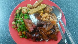 Rice and different dishes at Le Tian Vegetarian Stall in Kuala Lumpur