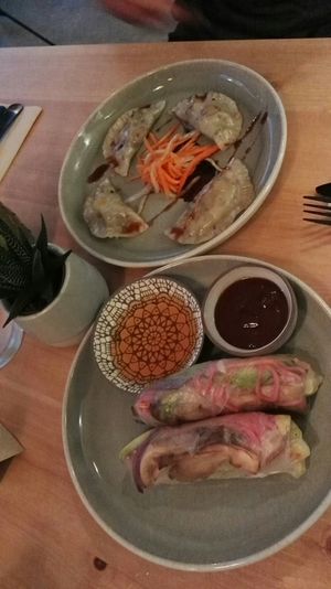 Glücksrollen (summer rolls) and mushroom filled drumploes... at Hippie Chay in Munich