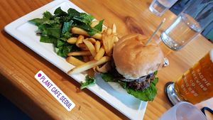 Mushroom burger with a Magpie 🤗 delish at Plant Cafe & Kitchen - Itaewon in Seoul