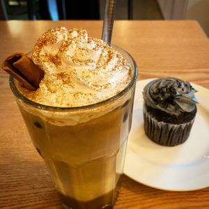 PSL and a black sesame cupcake.   Devine.    at Plant Cafe & Kitchen - Itaewon in Seoul
