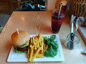 Plant cheeseburger with hibiscus ade at Plant Cafe & Kitchen - Itaewon in Seoul