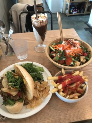 Phili cheesesteak and peanut noodles  at Plant Cafe & Kitchen - Itaewon in Seoul