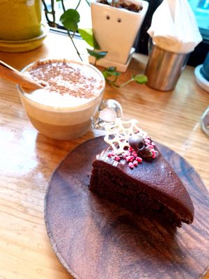 Black forest cake and pumpkin spice latte🎃😋 at Plant Cafe & Kitchen - Itaewon in Seoul