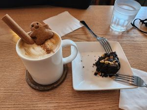 Gingerbread Latte and Half-eaten Brownie at Plant Cafe & Kitchen - Itaewon in Seoul