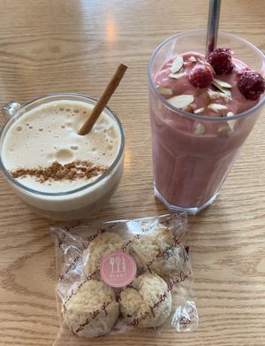 Vegan chai latte, razzle berry smoothie, and cookies to go!   at Plant Cafe & Kitchen - Itaewon in Seoul