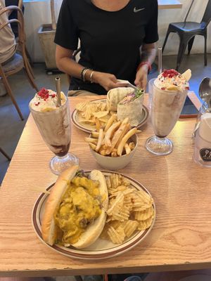 Philly cheese, wrap, fries, banana split milkshakes  at Plant Cafe & Kitchen - Itaewon in Seoul