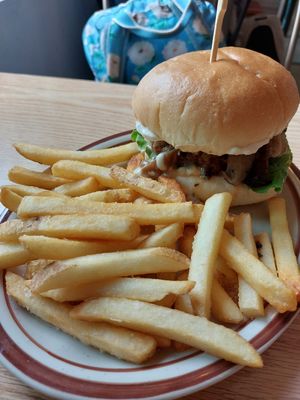 Mushroom burger and fries (fries are an extra 5k) at Plant Cafe & Kitchen - Itaewon in Seoul