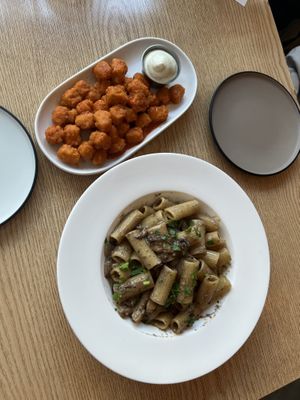 Buffalo popcorn chicken and the truffle mushroom cream pasta   at Plant Cafe & Kitchen - Itaewon in Seoul